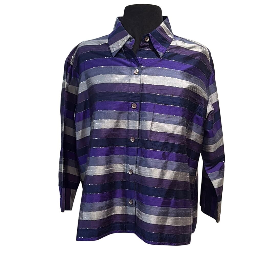 Vintage Chico’s Design Silk Metallic Striped Button Front Statement Top SZ L (2)